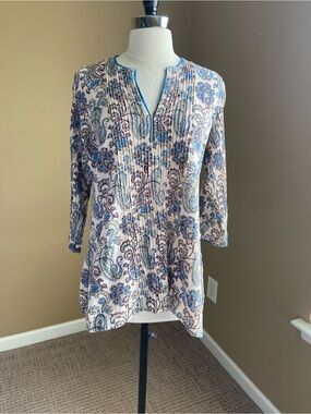 Anokhi Women's Blue Paisley Block Print Pintuck Indie Top- Large- 100% Cotton